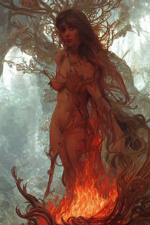 Image similar to portrait of dante in hell, forest, godlike, full body, fantasy, intricate, elegant, highly detailed, digital painting, artstation, concept art, sharp focus, illustration, art by artgerm and greg rutkowski and alphonse mucha