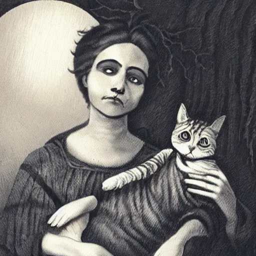 Image similar to it features a woman sitting with a cat on her lap. the woman is a bit spooky looking... her eyes glow with an unearthly light. indeed, she is nearly demonic.