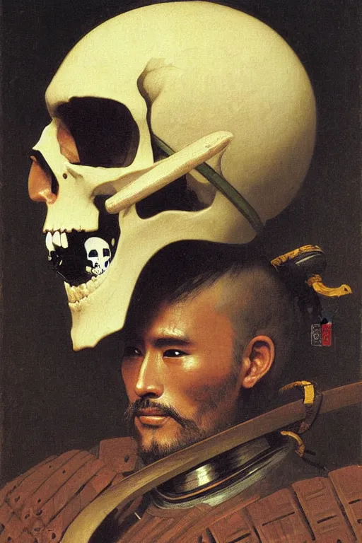 Image similar to portrait of a skull man japanse samurai astronaut with samurai helmets, by bouguereau