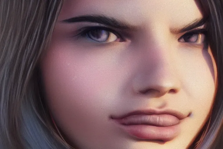 Image similar to hyperrealistic close up portrait of stunningly beautiful 20 year old female, proportionate face, lit by dawn light, cyberpunk city on background, trending on artstation
