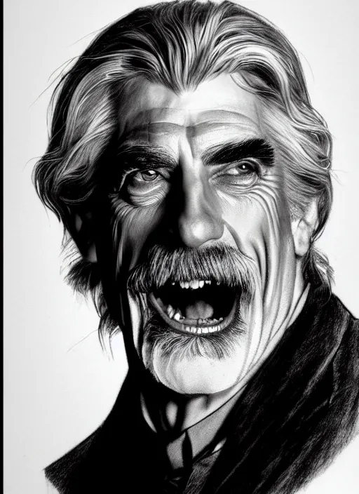 Image similar to hyperrealist pencil sketch of sam elliott as dracula by david malan and alphonse mucha, fantasy art, drawing, fangs, dynamic lighting, artstation, poster, volumetric lighting, very detailed faces, 4 k, award winning