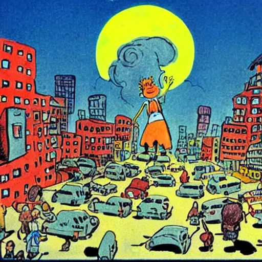 Image similar to A city ruined by nuclear bombings, illustrated by children's author and cartoonist, Dr Seuss.