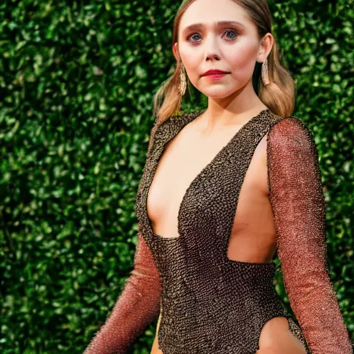 Prompt: elizabeth olsen walking on the red carpet, wearing an avocado bodysuit, trending on unsplash, 4 k quality, intricate