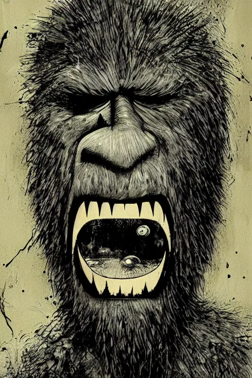 Image similar to mad bigfoot screaming in the woods artwork by ben templesmith