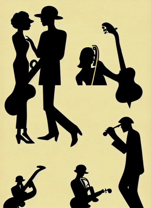 Prompt: jazz festival, silhouette woman, guitar, saxophone, bass, poster illustration, by malika favre