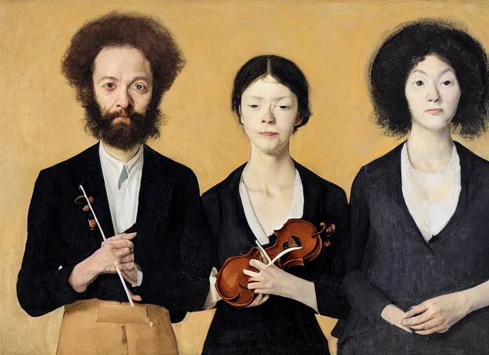 Image similar to portrait of two young nervous violin players getting ready to perform, half figure front, vincent lefevre and pat steir and hilma af klint and james jean, psychological, photorealistic, symmetrical faces, intriguing eyes, rendered in octane, altermodern, masterpiece