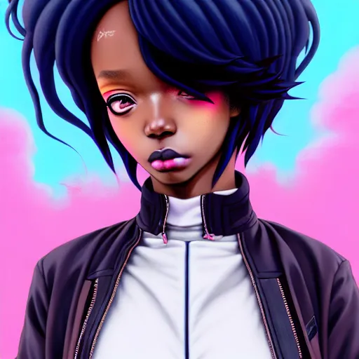 Image similar to portrait of a black anime manga girl, french bob hair, white hair, bomber jacket, by artgerm, james jean, tom bagshaw, gerald brom, vaporwave colors, lofi colors, vaporwave, lofi, goth vibe, 4 k, smooth, hd, substance designer render, full body character concept art, symmetrical, 2 point lighting,