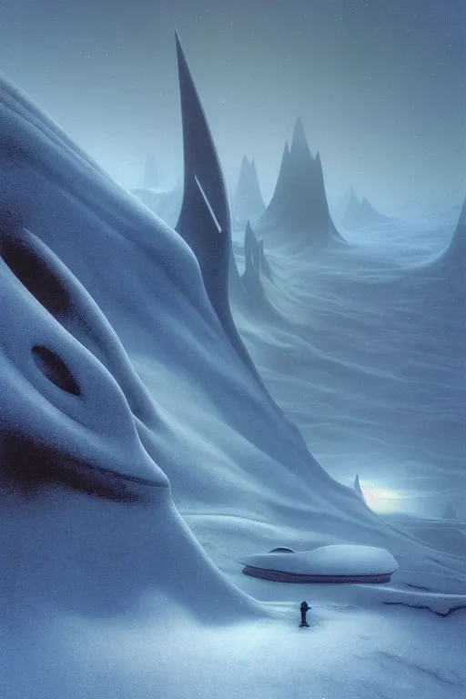 Image similar to emissary snowy landscape by tim bladin and arthur haas and bruce pennington and john schoenherr, cinematic matte painting, zaha hadid building, photo realism, dark moody color palate, blue hour stars, desolate glacial landscape,
