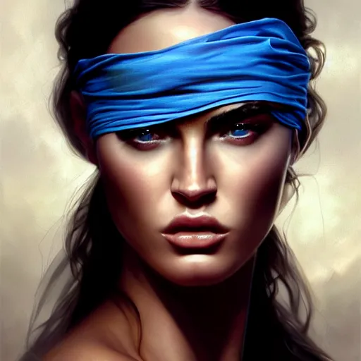 Image similar to ! dream portrait of megan fox blindfolded, muscular upper body, collar, greek, jewelry, blue dress, fantasy, intricate, elegant, highly detailed, digital painting, artstation, concept art, matte, sharp focus, illustration, art by aenaluck and roberto ferri and greg rutkowski, epic fantasy, digital painting