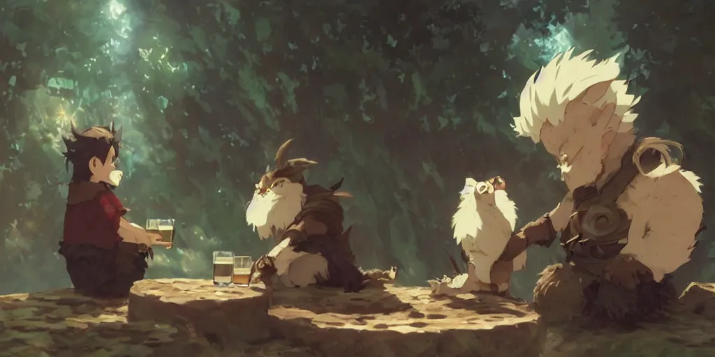 Prompt: a dwarf and his small pet dragon drinking a beer together | sharp contrast | by greg rutkowski makoto shinkai takashi takeuchi studio ghibli