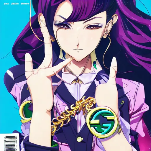 Image similar to Magazine Cover Anime key visual of a Gucci girl; official media; typography; drawn by Hirohiko Araki; Jojo's Bizarre Adventure; Jojolion, portrait, made by Stanley Artgerm Lau, WLOP, Rossdraws, James Jean, Andrei Riabovitchev, Marc Simonetti, Yoshitaka Amano, ArtStation