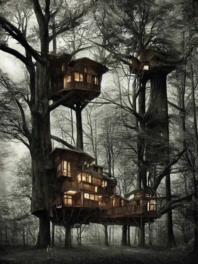 Image similar to a strange treehouse by gregory crewdson