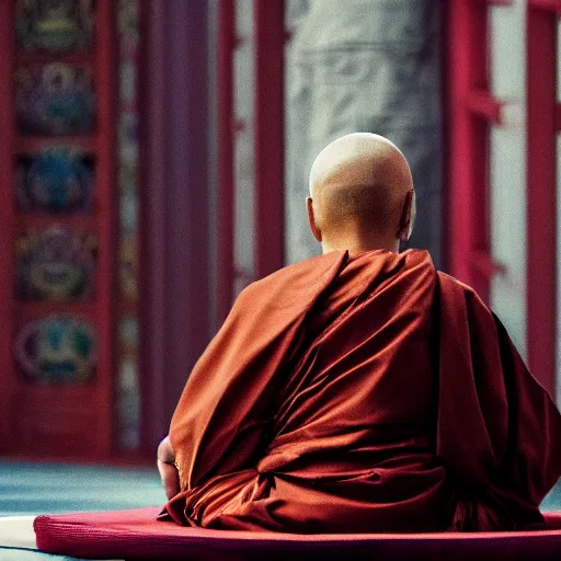 Image similar to a high detail shot of Donald Trump meditating in a Buddhist Temple, render, cgsociety, photorealism