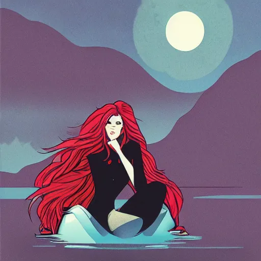 Image similar to a beautiful comic book illustration of a vampire woman with long red hair sitting near a lake at night by chip zdarsky, featured on artstation