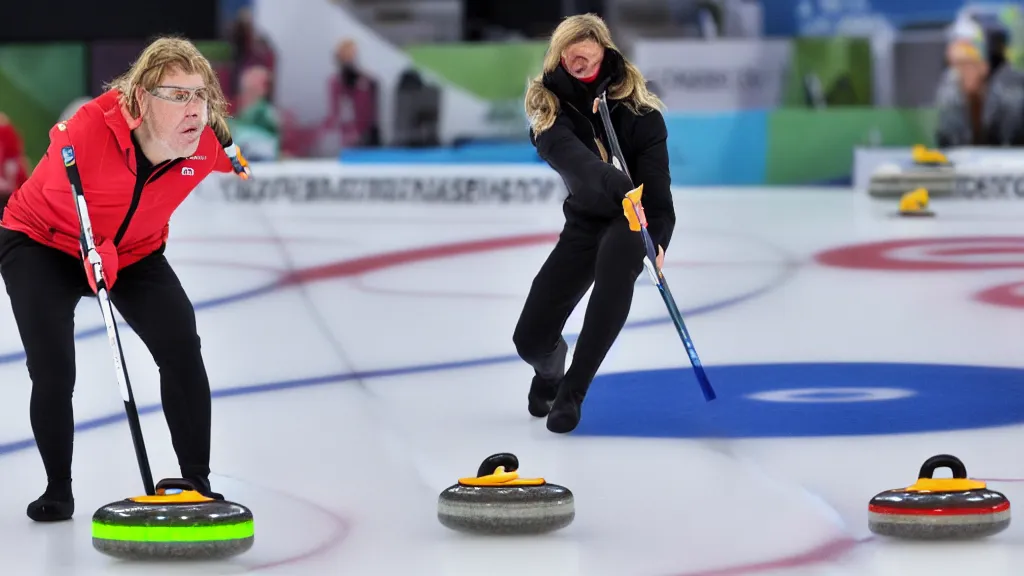 Prompt: a neanderthal participating in the olympics 2 0 2 4, posing for curling