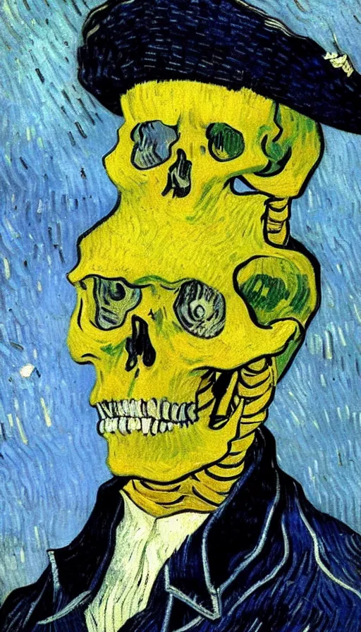 Image similar to 4k detailed painting by Van Gogh of a skeleton sailor (skeleton dressed like 19th century sailor in heavy wool coat, loose tie, shirt, and crooked crumpled hat, smoking cigarette), white and blue skeleton on a yellow background