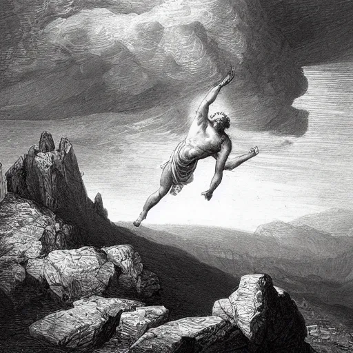 Image similar to A biblical painting of Jacob suplexing an angel at the top of a mountain by Gustave Doré, black and white palette, Scenic, Dramatic, beautiful shore in background, detailed