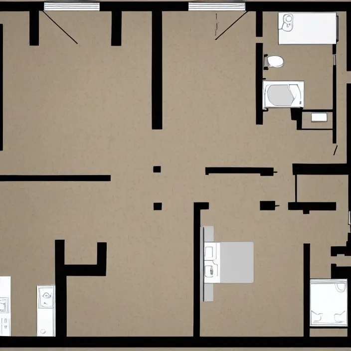 Image similar to overhead floor plan view of an apartment with absolutely zero cougars ( puma concolor ) hiding in the kitchen