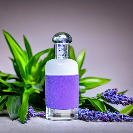 Image similar to cool blue perfume bottle surrounded by a plethora of sparse cool blue and lavendar flowers and green stems, bright white realistic, up close shot, white background, zen, light, modern minimalist f 2 0 clean