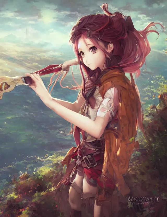 Image similar to scenic wide angle portrait of a teenage girl, distinct bard outfit, anime in fantasy style, trending artwork, painted in anime painter studio, by anato finstark, tony sart, marc simonetti and an anime artist, collaboration