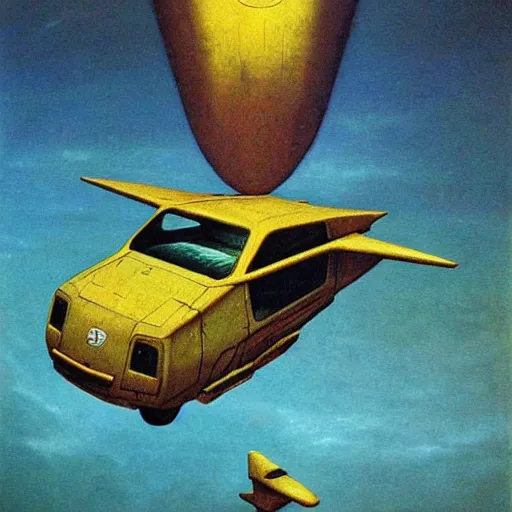 Prompt: retrofuturistic flying car, 1 9 7 0 s scifi art, beksinski style highly detailed painting