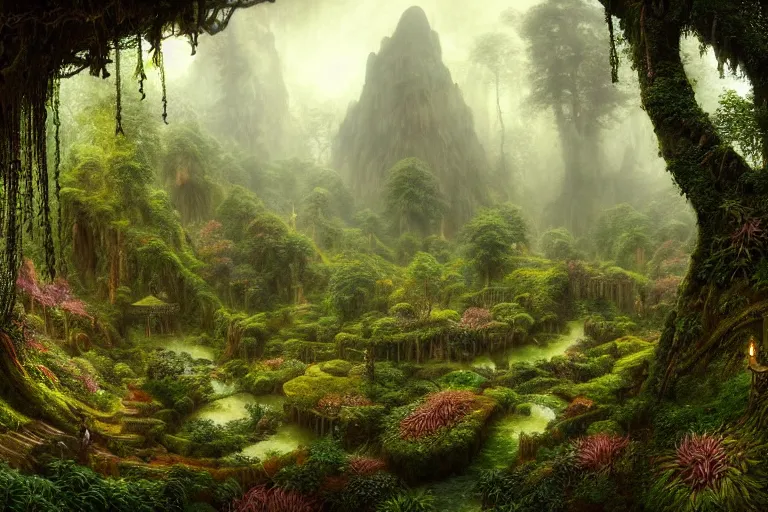 Image similar to a beautiful and highly detailed matte painting of a secret elven garden in a valley in a lush forest in the misty mountains, psychedelic, celtic, intricate details, epic scale, insanely complex, 8 k, sharp focus, photorealism, artstation, cgsociety, by caspar friedrich, albert bierstadt, james gurney, brian froud,