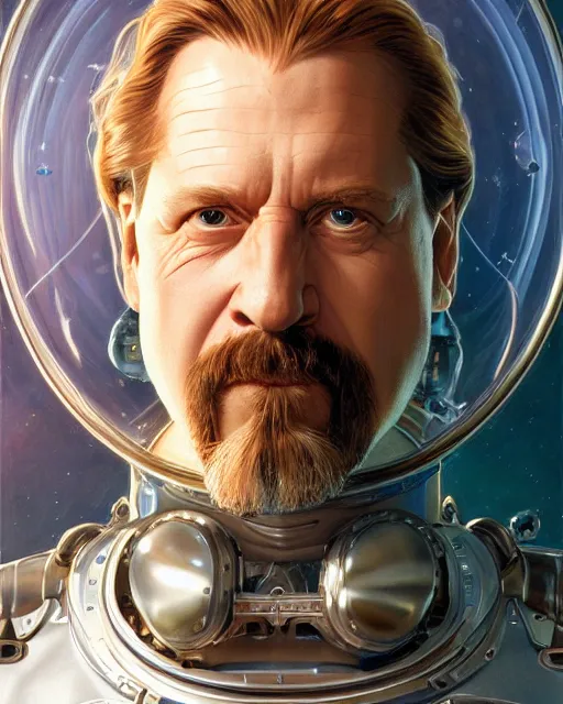 Prompt: portrait of the dude from the big lebowski, spacesuit, vivid eyes, real life skin, intricate, elegant, highly detailed, artstation, concept art, smooth, sharp focus, art by artgerm and greg rutkowski and alphonse mucha