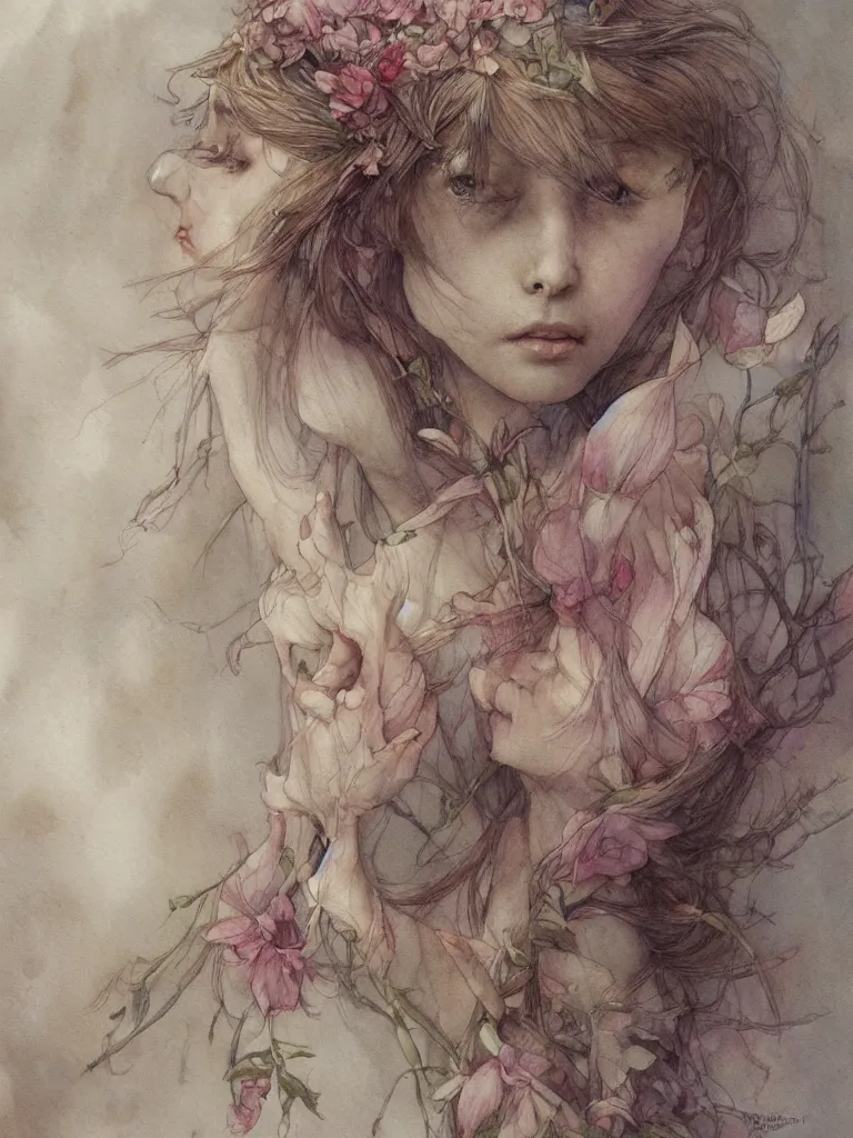 Image similar to study of a flower fairy, illustration, watercolor, alan lee, detailed, pretty, ethereal, realistic, artstation,