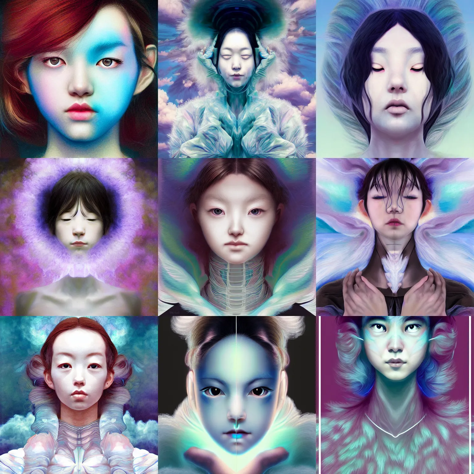 Prompt: symmetry!!! face only photographic portrait of a person made of fluffy iridescent clouds by ansel adams and robin eley and ross tran and miho hirano and ilya kuvshinov, cybernetic components