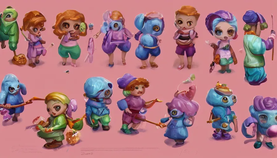 Prompt: cute candy character sheet, oil painting by jama jurabaev, extremely detailed, brush hard, artstation, for aaa game, high quality, brush stroke