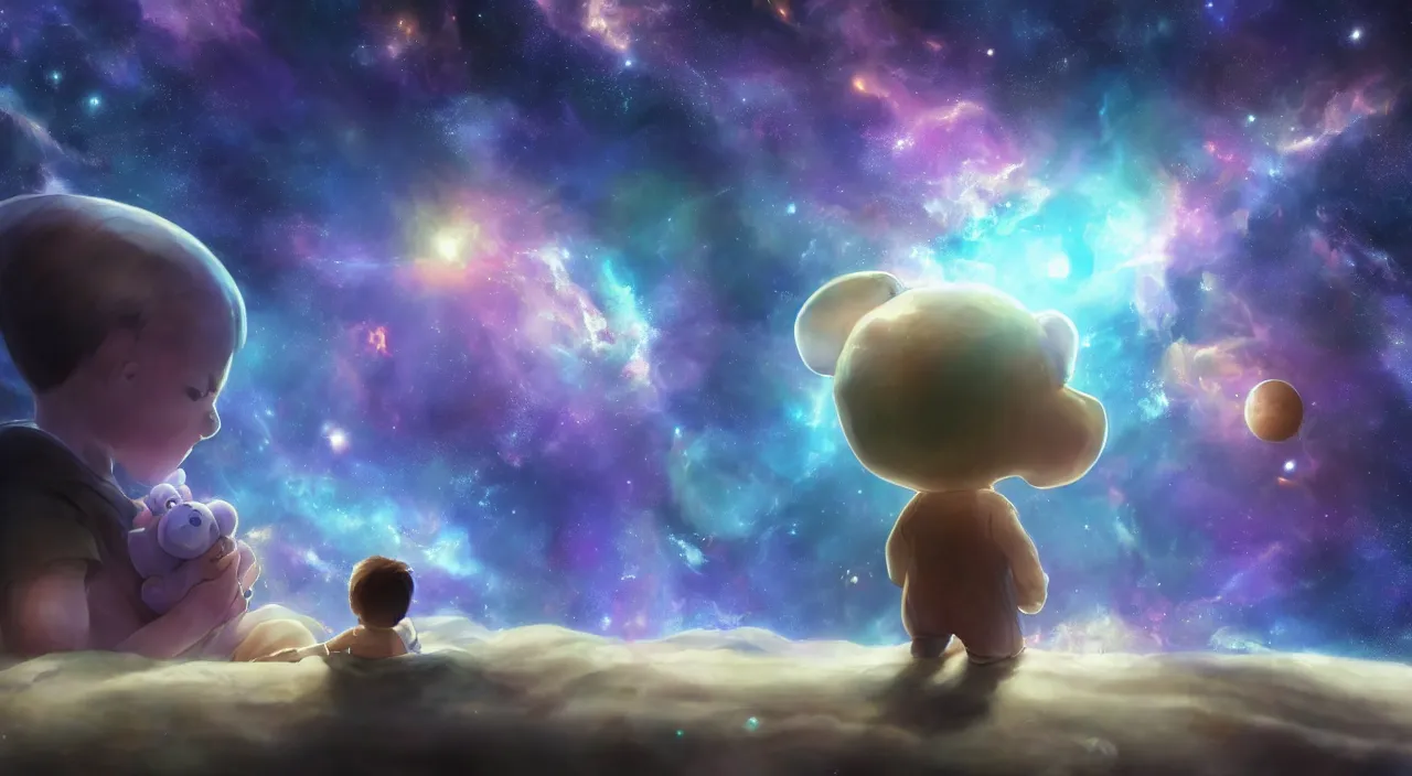 Prompt: a boy drifting through the cosmos with his teddy bear, gazing at the anatomical heart that beats at the nexus of space and time. fanart anime fanart, in the universe 16k resolution, godrays, planets and space, extraordinary sights, battle for the universe. unreal engine 60 fps screenshot, treding on art station. Emotional. The End of All Existence.