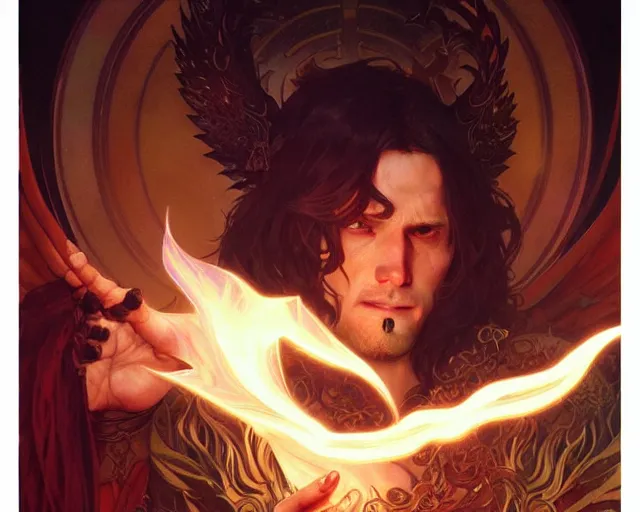 Prompt: attractive male deity, casting dark magic, summoning handsome lucifer morningstar, highly detailed painting by artgerm and greg rutkowski and alphonse mucha