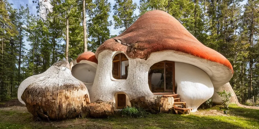 Prompt: cozy residence in the cap of enormous toadstool mushroom, warm light in windows, chimney