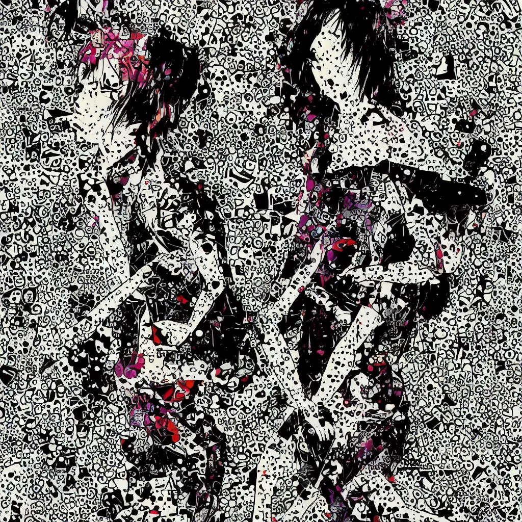 Image similar to girl figure, abstract, jet set radio artwork, ryuta ueda artwork, cryptic, rips, spots, asymmetry, stipple, lines, glitches, color tearing, pitch bending, stripes, dark, ominous, eerie, hearts, minimal, points, otomo katsuhiro artwork, technical, natsumi mukai artwrok, folds