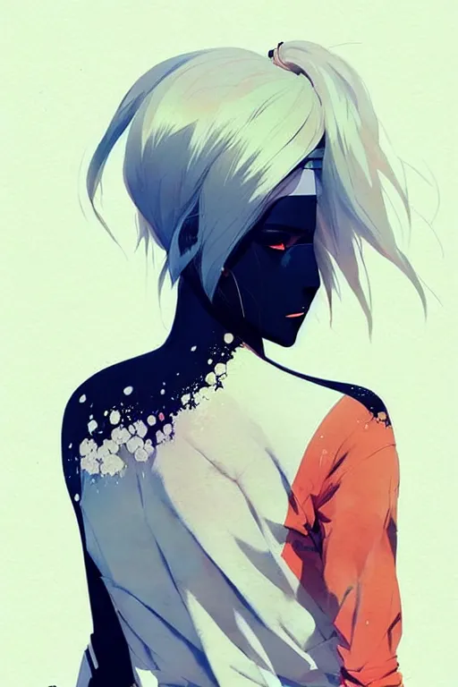 Image similar to a ultradetailed beautiful back painting of a stylish woman with white hair in a short pony tail, she is wearing jeans, by conrad roset, greg rutkowski and makoto shinkai trending on artstation