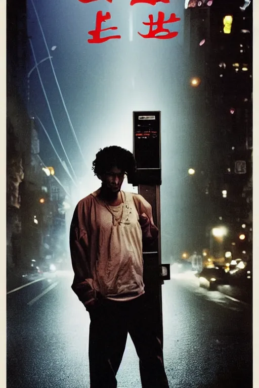 Image similar to an award - winning movie poster for a movie called senor featuring a junkie making a payphone call in a thunderstorm in queens at night in the 1 9 9 0 s