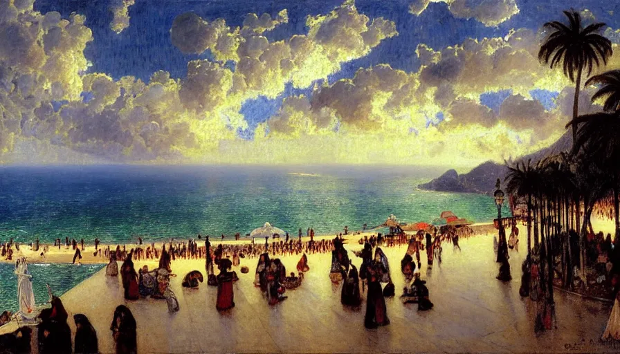 Image similar to a ultradetailed beautiful painting of the thunderstorm sky of the rio de janeiro palace balustrade designed by jules bastien - lepage, tarsila do amaral, frank weston and gustave baumann, beach, trending on artstation, mediterranean, palm trees, sharp focus, colorful refracted sparkles and lines, soft light, 8 k 4 k