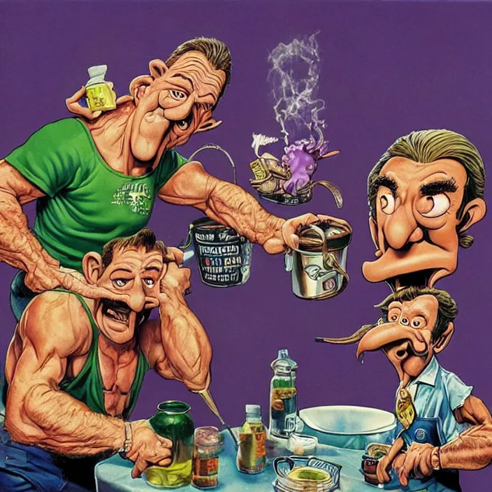 Image similar to promotional art for the movie'unless you hate bullruns ', barry chuckle preparing a batch of purple oil drink, hyperreal detailed facial features and uv lighting, art by ed roth and basil wolverton