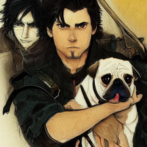 Image similar to self portrait, young white hispanic handsome man with short light brown hair and light skin and a 5 o clock shadow and holding a pug while fighting against 2 swordsmen pencil art, added detail, high definiton, colored, backfacing, illustrated by yoji shinkawa