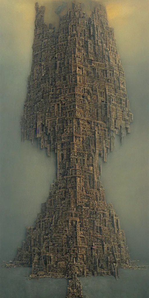 Image similar to tower of babel by tomek setowski, zdzislaw beksinski, surreal oil painting, dream like, highly detailed, symmetry, masterpiece