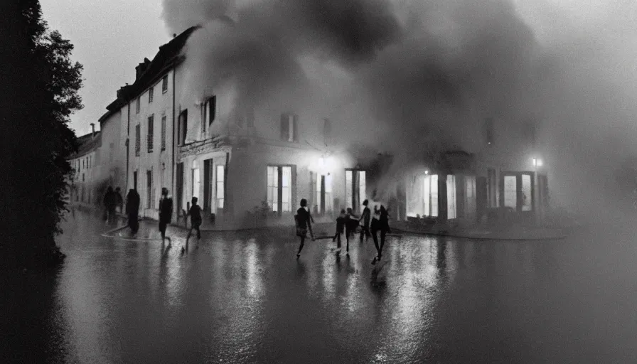 Prompt: 1 9 7 0 s movie still of a heavy burning french style townhouse in a small french village by night, rain, heavy smoke, people running, cinestill 8 0 0 t 3 5 mm, heavy grain, high quality, high detail, dramatic light, anamorphic, flares