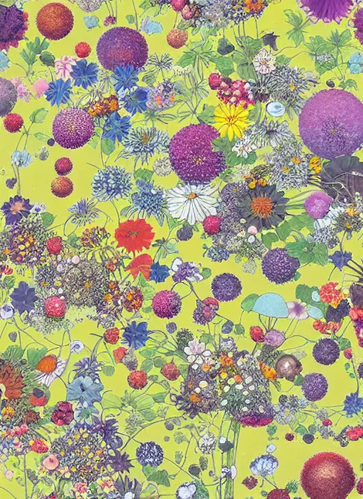 Prompt: multiverse of flowers, garden flowers pattern!!!, berries!!, dragonflies, garden monolith by satoshi kon and greg rutkowski, 7 0's vintage sci - fi design