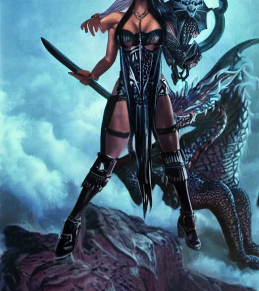 Image similar to 1 9 8 0 s fantasy novel book cover, nicki minaj in bikini armor holding a cartoonishly huge sword, dark smoky background, menacing dragon within the shadows