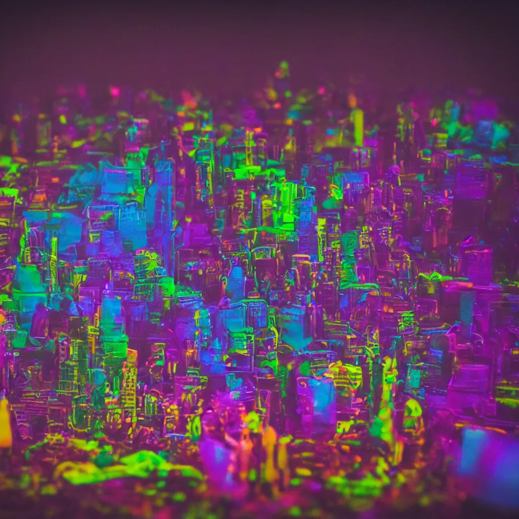 Prompt: plasticine god in the neon city skyline, moonlight, camera angled dramatically, psychedelic close up photograph, depth of field