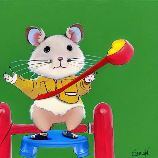 Prompt: a detailed painting of an anthropomorphic hamster kid wearing shorts and suspenders in a rural village, cute, colourful, detailed, high quality, pastel colours, 4 k, by studio disney and studio ghibli and sendak and richard scarry