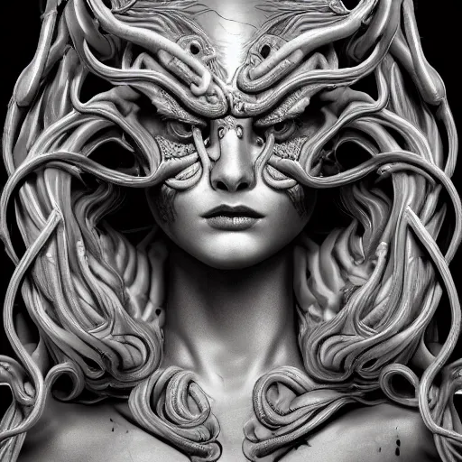 Image similar to medusa, highly detailed, symmetrical long head, smooth marble surfaces, detailed ink illustration, raiden metal gear, cinematic smooth stone, deep aesthetic, concept art, post process, 4k, carved marble texture and silk cloth, latex skin, highly ornate intricate details, in the style of frank miller