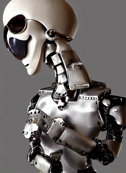 Image similar to portrait of a futuristic bone ceramic guapo humanoid robot Spanish with a handsome face wearing cholo shades and muscular body reclining, macho, piroca, dotado, guapo, matte surface, trending on cgsociety