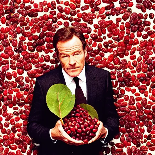 Prompt: bryan cranston's body is a bowl of cranberries, head submerged in cranberries, natural light, sharp, detailed face, magazine, press, photo, steve mccurry, david lazar, canon, nikon, focus