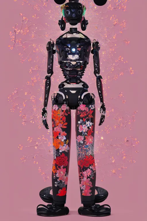 Image similar to full body portrait of a generative design exoskeleton Japanese robot geisha with kanji tattoos and decals wearing a digital pixelated kimono, intricate design, photorealistic, octane render, raytraced, ultra fine detailed, character design, trending on artstation