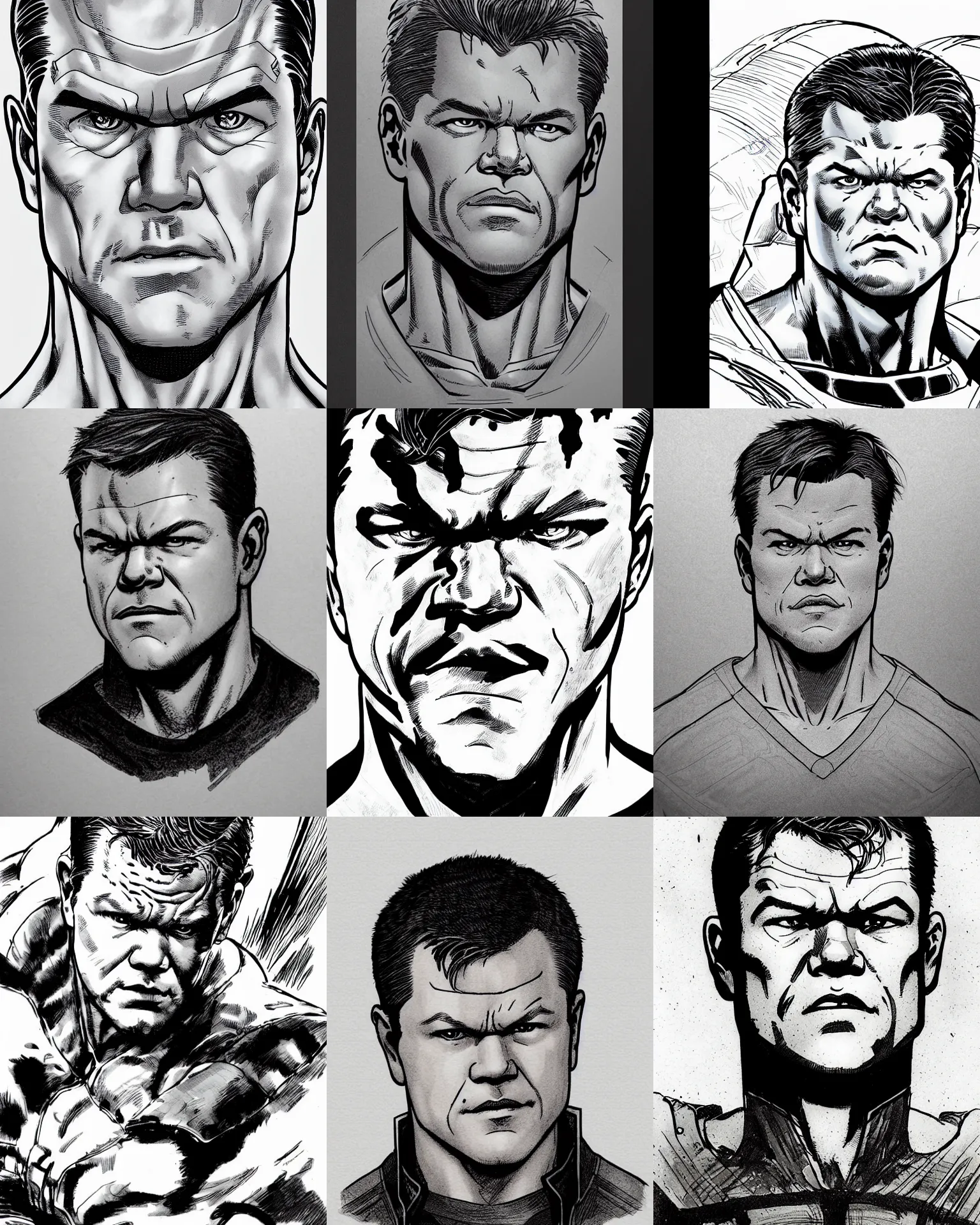 Prompt: matt damon!!! jim lee!!! flat ink sketch by jim lee face close up headshot in the style of jim lee, x - men superhero comic book character by jim lee